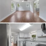 Split view showing an empty living room with hardwood floors and a newly renovated white kitchen.