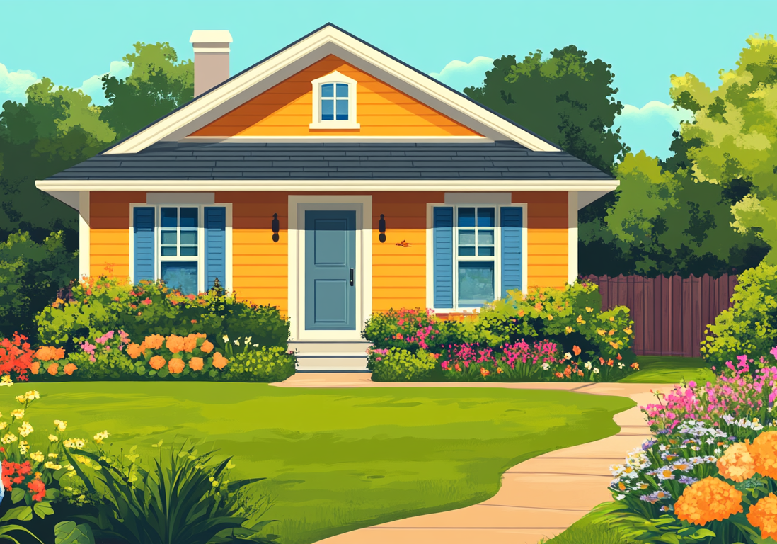 Bright illustration of a suburban home with a colorful garden and a red for-sale sign. Bright illustration of a suburban home with a colorful garden and a red for-sale sign.