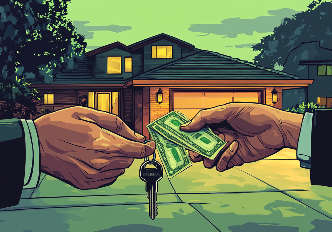 Close-up illustration of hands passing a stack of money in exchange for house keys at sunset. Close-up illustration of hands passing a stack of money in exchange for house keys at sunset.