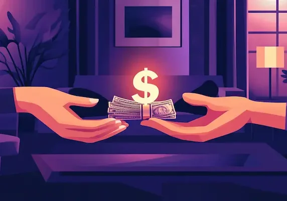 Hands exchanging a stack of dollar bills in a dimly lit, professional setting. Hands exchanging a stack of dollar bills in a dimly lit, professional setting.