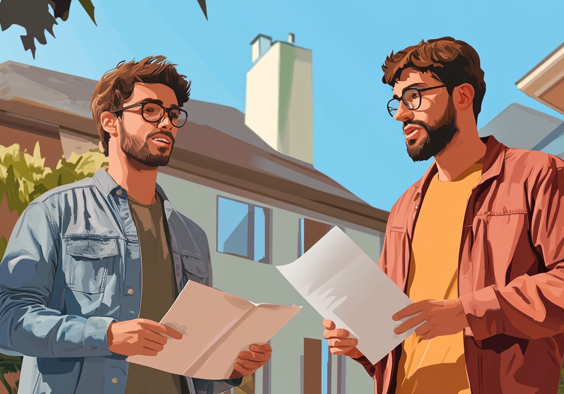 Two male real estate professionals in casual attire standing outdoors and reviewing property documents. Two male real estate professionals in casual attire standing outdoors and reviewing property documents.