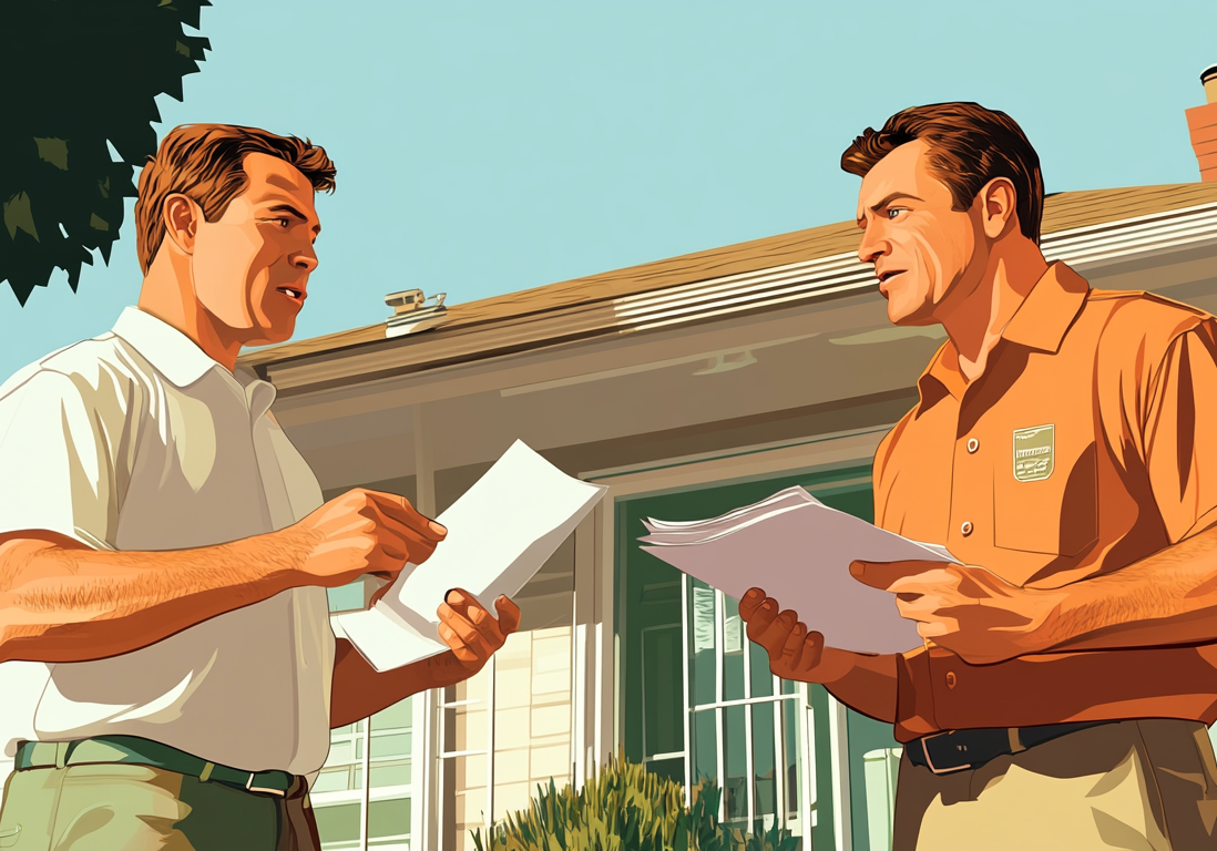 SEOREI - AI Closing Deal 5 Two men in a suburban setting reviewing a property report and discussing sale terms.