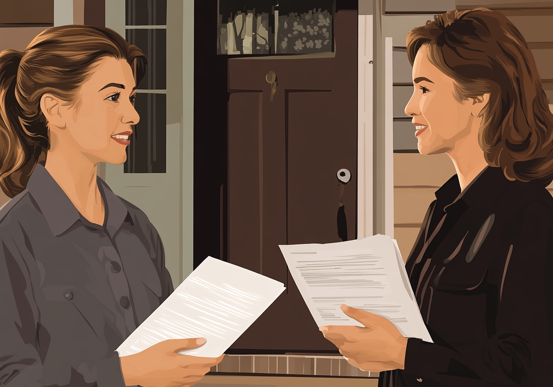 Two female real estate professionals in a suburban area reviewing paperwork together. Two female real estate professionals in a suburban area reviewing paperwork together.
