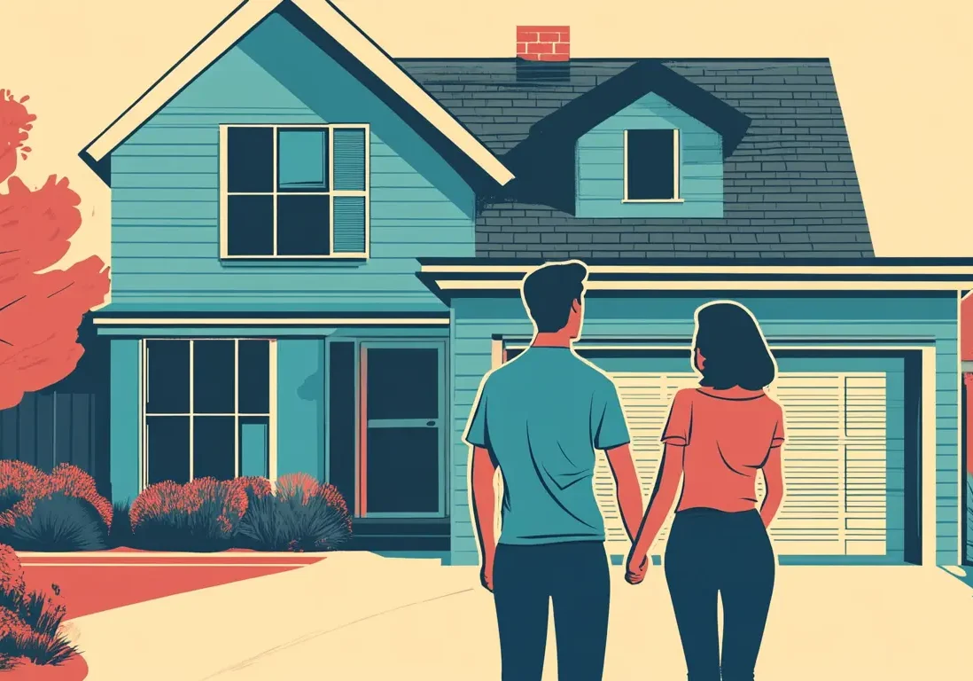 Back view of a couple standing in front of a modern home with a manicured front yard. Back view of a couple standing in front of a modern home with a manicured front yard.