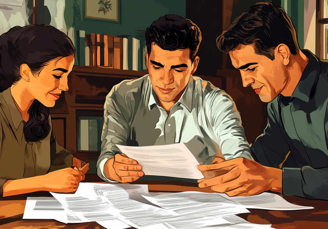 Three professionals sitting at a table focused on reviewing and signing property sale documents. Three professionals sitting at a table focused on reviewing and signing property sale documents.