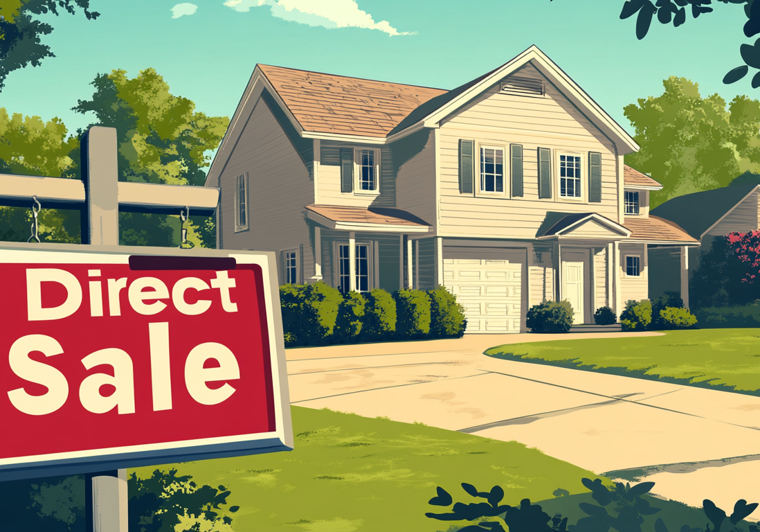 Suburban home listing featuring a prominent red "Direct Sale" sign on the lawn. Suburban home listing featuring a prominent red "Direct Sale" sign on the lawn.
