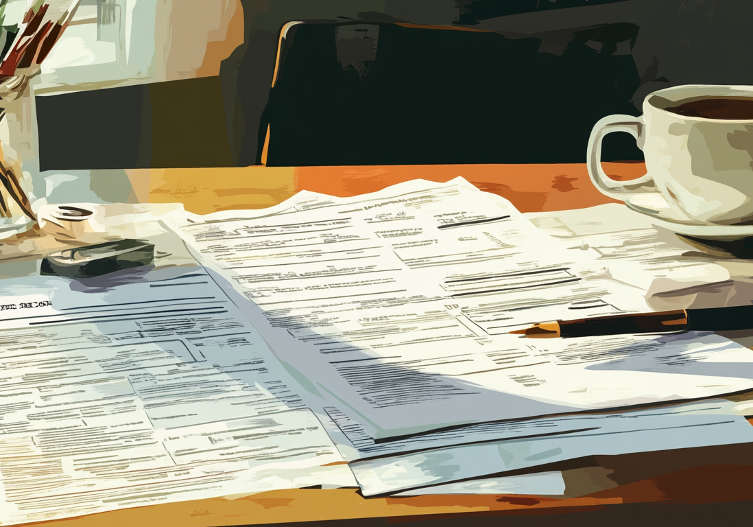 Close-up of a wooden table covered in residential real estate documents and a cup of coffee. Close-up of a wooden table covered in residential real estate documents and a cup of coffee.