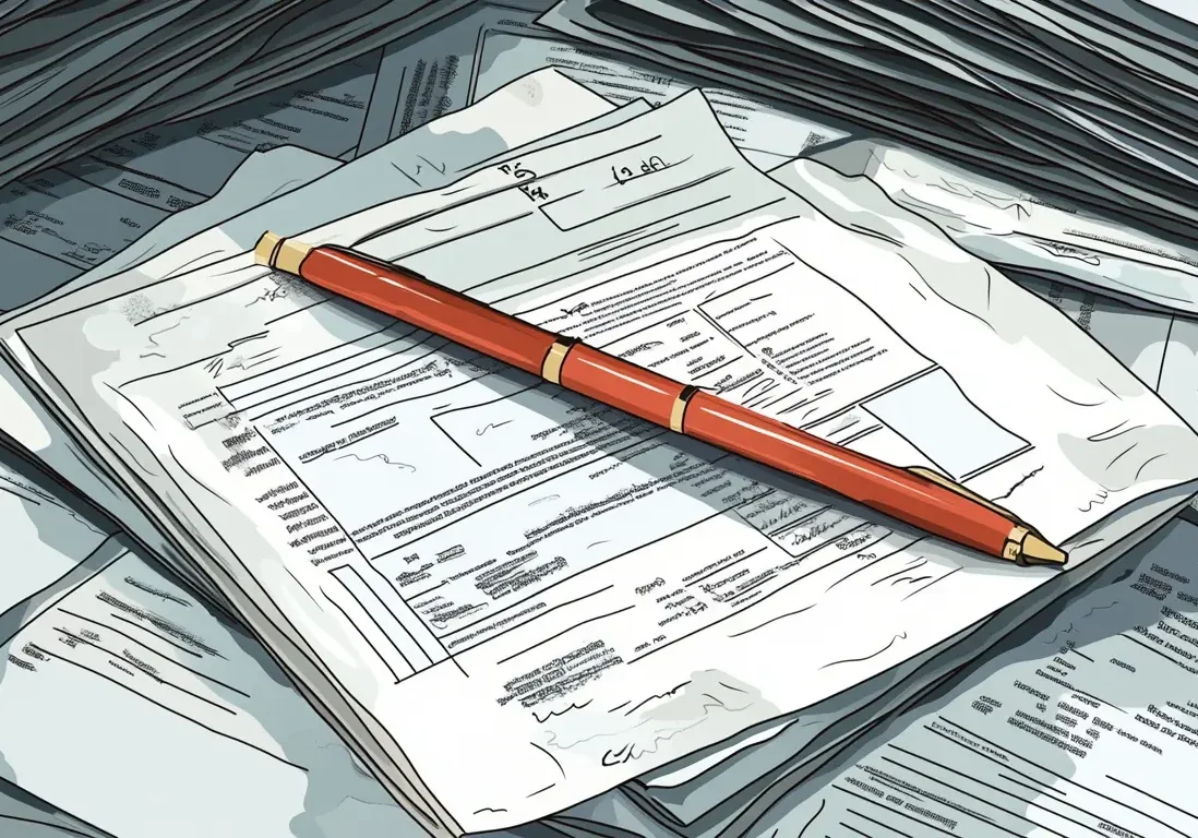 Detailed view of a real estate contract on a desk with a red pen resting on the document. Detailed view of a real estate contract on a desk with a red pen resting on the document.