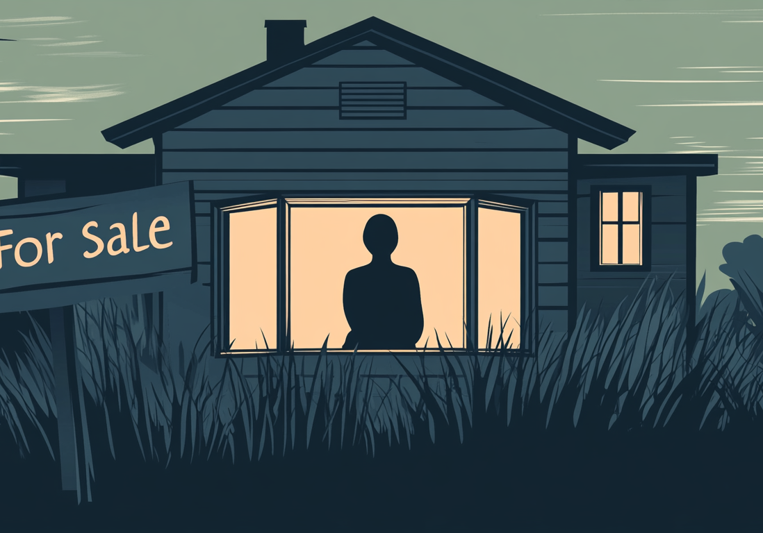 A dark silhouette of a house with a person visible in a lighted window and a "For Sale" sign outside. A dark silhouette of a house with a person visible in a lighted window and a "For Sale" sign outside.