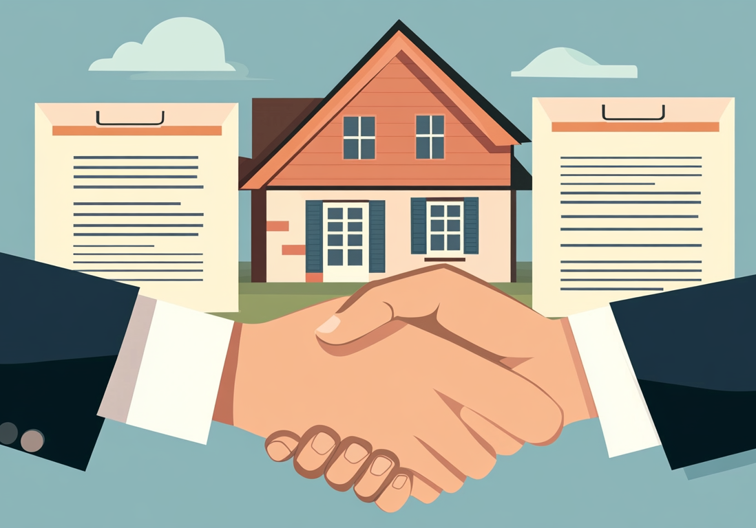 Illustration of two professionals shaking hands over a signed contract in front of a house. Illustration of two professionals shaking hands over a signed contract in front of a house.