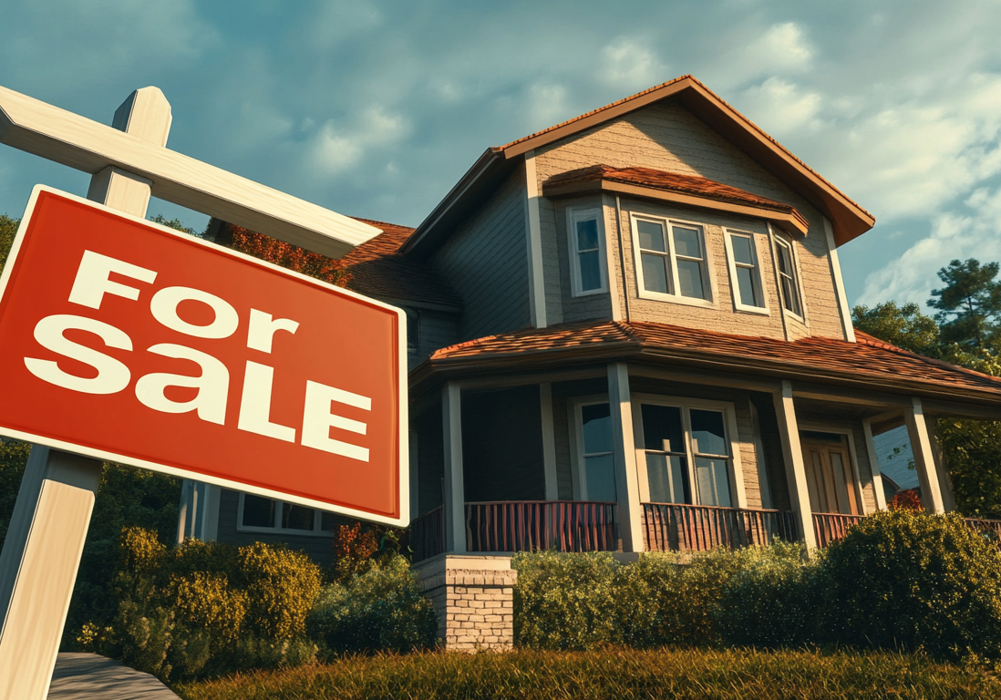 A suburban home listing featuring a prominent red "For Sale" sign on the front lawn. A suburban home listing featuring a prominent red "For Sale" sign on the front lawn.