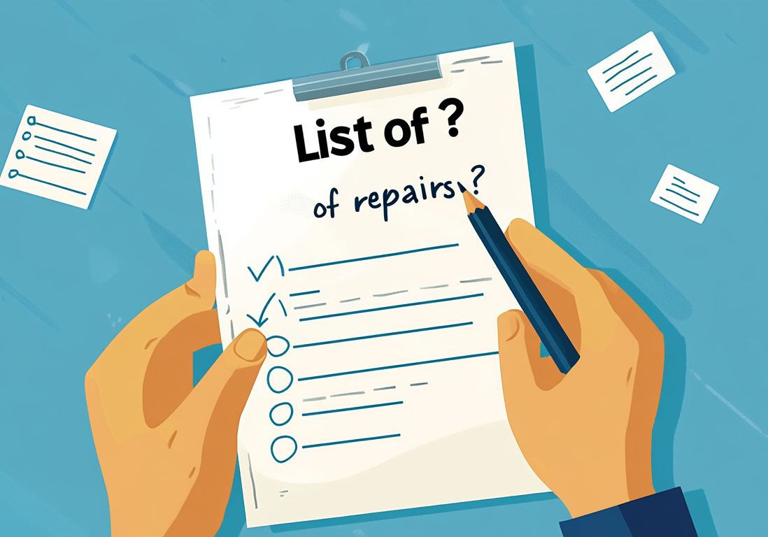 Illustration of hands holding a pen and a "List of Repairs" checklist in front of a house. Illustration of hands holding a pen and a "List of Repairs" checklist in front of a house.