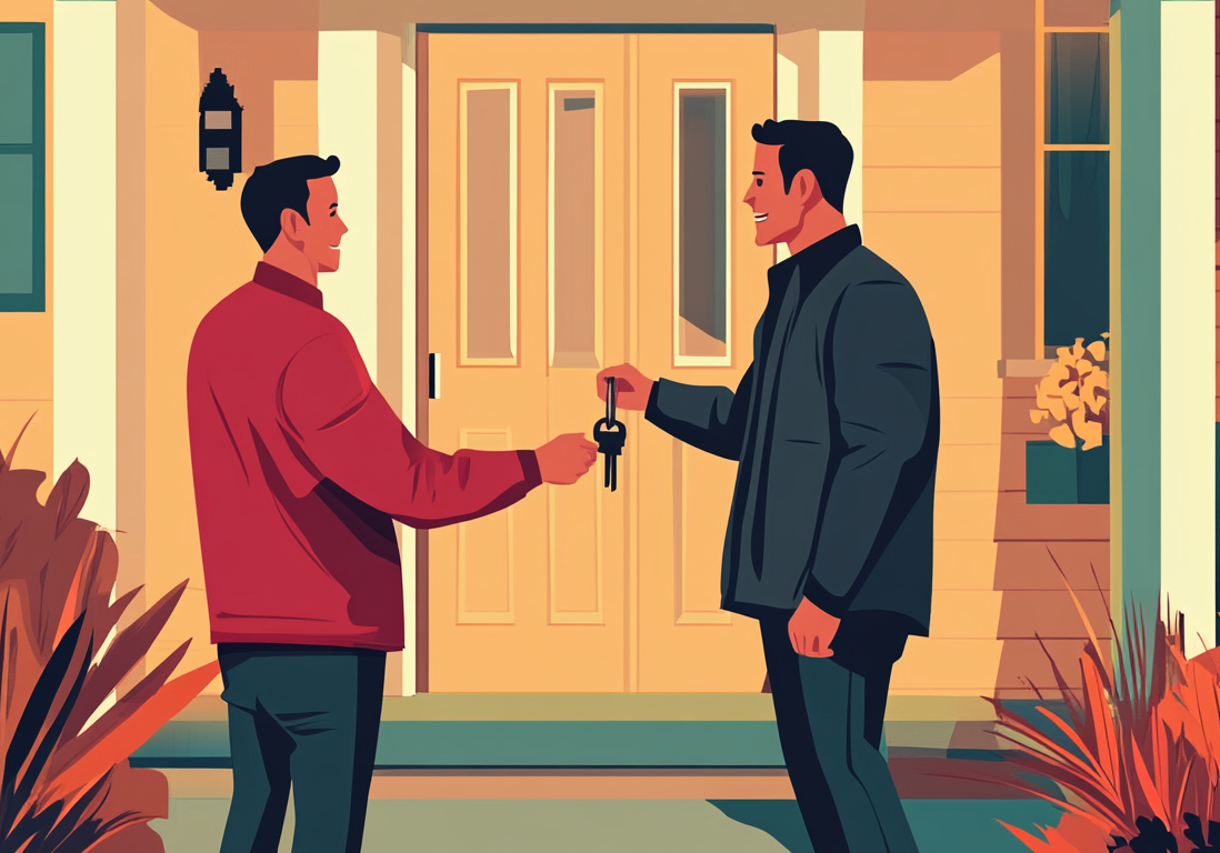 Illustration of a homeowner handing house keys to a buyer in front of a residential home. Illustration of a homeowner handing house keys to a buyer in front of a residential home.