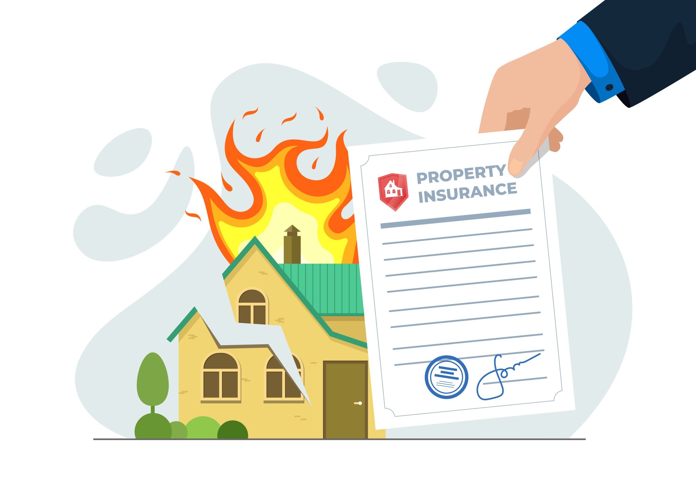 Burning house with crack and insurance agent hand hold policy. Contract for guarantee of repairs or compensation for property damage. Law legal preparedness protect residential real estate risk Illustration of a house on fire with a hand holding a signed insurance or legal document.